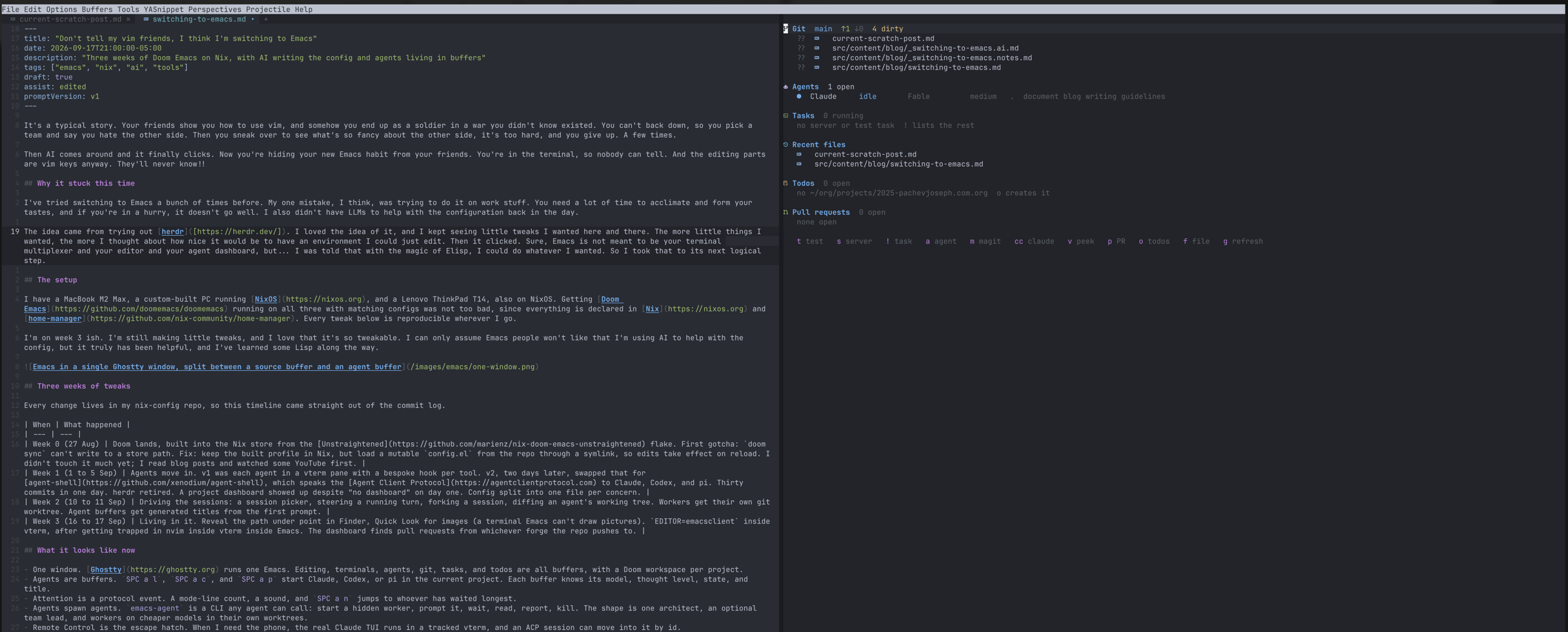 Emacs in one Ghostty window: this post open on the left, the project dashboard on the right