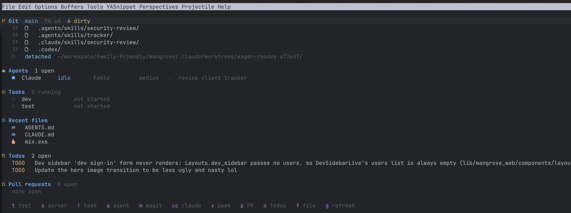 The project dashboard: git status, running agents with model and effort, mise tasks, and open PRs in one magit-section buffer